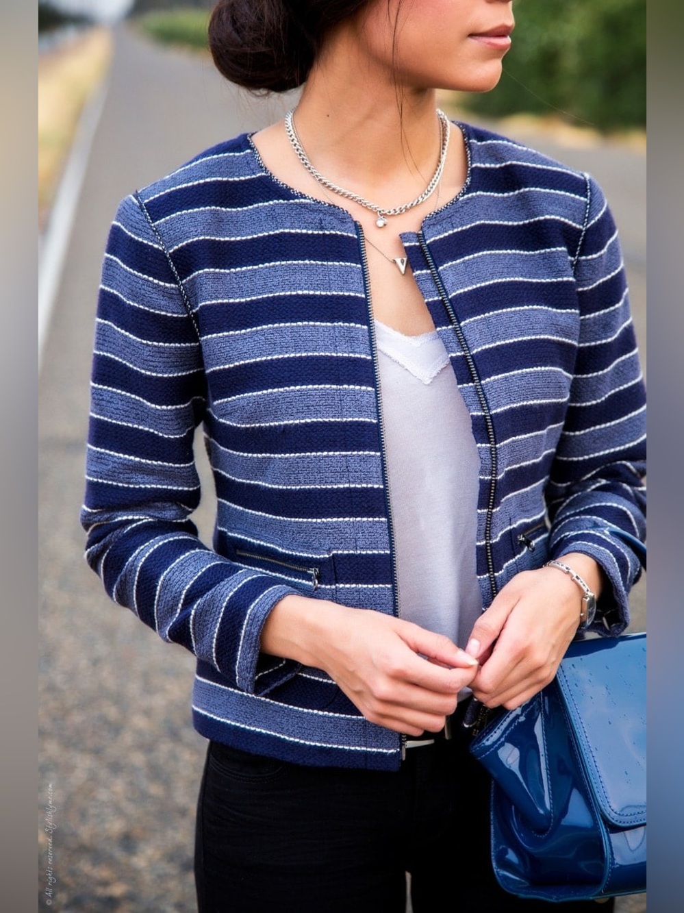 LOFT Navy and Light Blue Striped Collarless Blazer